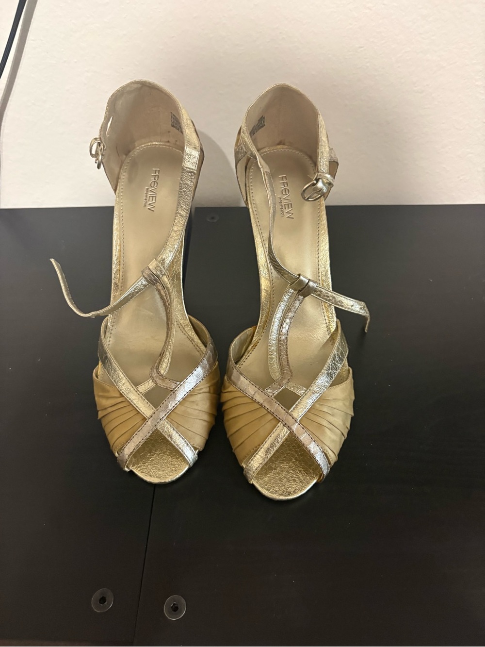 Tinsel Metallic Gold Strappy Peep-Toe Heels